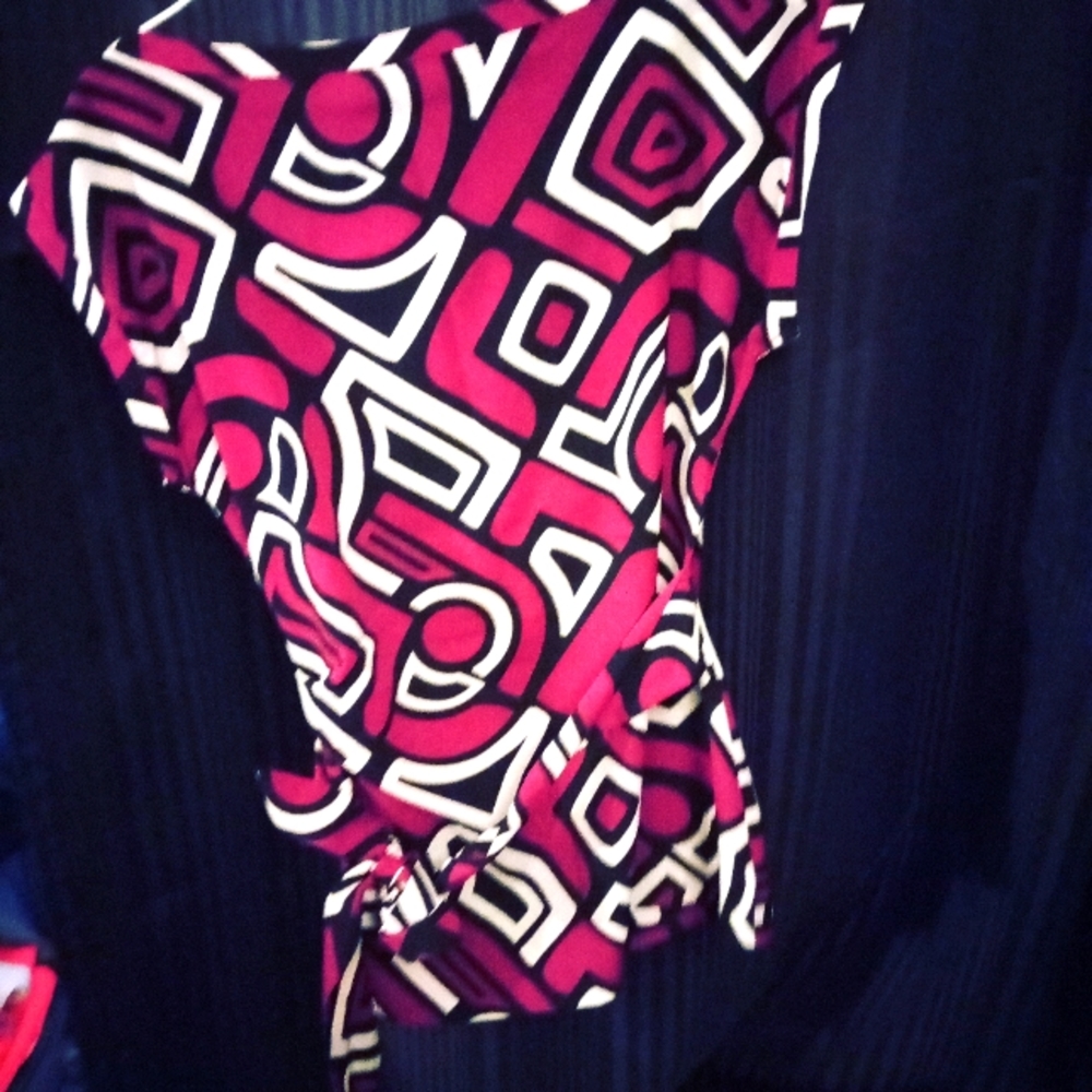 No sleeve blouse, silk satin polyester, purple neon art deco pattern
